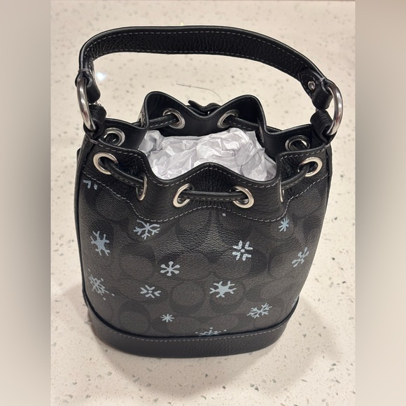Coach Dempsey Drawstring Bucket Bag Black Signature Canvas With Snowflake Print - Picture 3 of 8